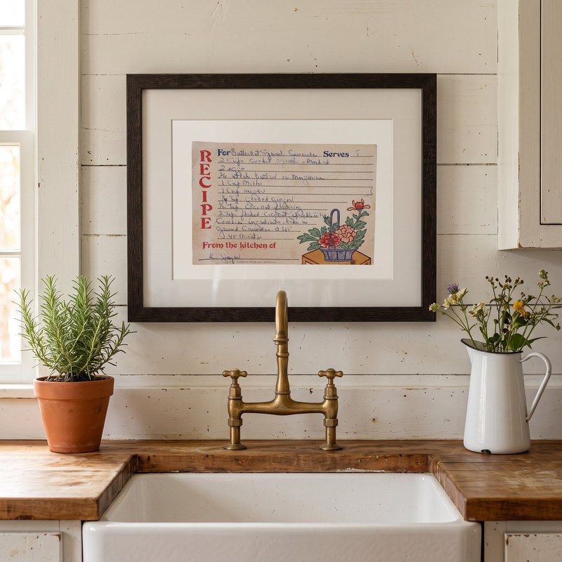 After: the handwritten Butternut Squash Casserole card printed, matted and framed in dark wood, above a farmhouse sink with rosemary and wildflowers.