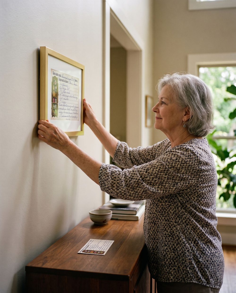 A woman hangs her framed handwritten recipe card, in a gold frame with a white mat, on the wall above a sideboard.