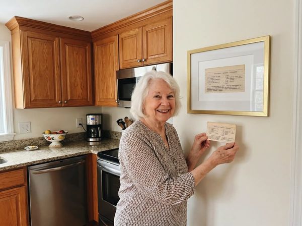 A woman hangs her framed recipe card in the kitchen.