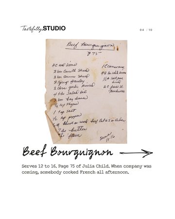 A handwritten Beef Bourguignon recipe card