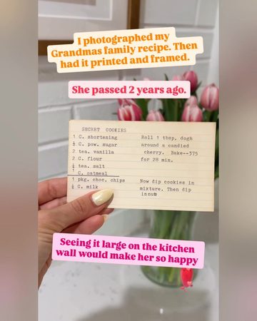 A grandmother's recipe card, photographed and framed