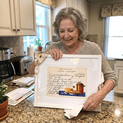 Bess holds her framed recipe card in her kitchen.